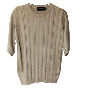 Marcello Mens Cable Knit Sweater Size L Tan Short Slvs Cotton Blend Italy Preppy